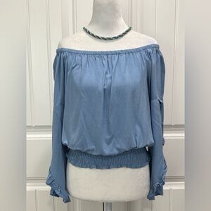 Wrangler Womens Light Blue Off-Shoulder Bell Sleeve Blouse Size S
